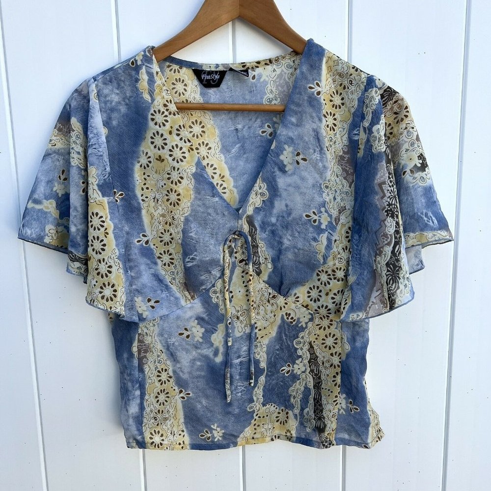 Womens Freestyle Top Flutter Sleeve Shirt Blue Tie Blouse V-Neck Boho 90s Medium